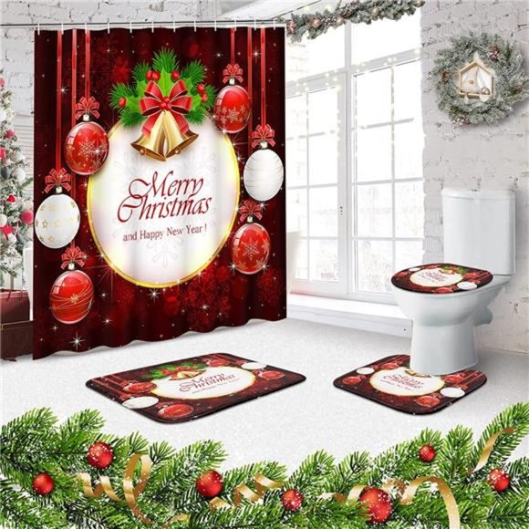 4 Pcs Merry Christmas Bathroom Sets with Shower Curtain and Rugs and Accessories - Picture 2 of 6